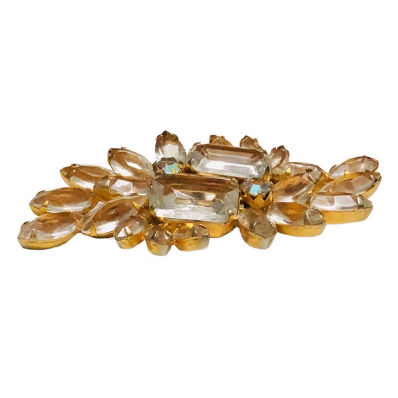 VTG GOLD TONE CLEAR GLASS RHINESTONE NAVETTE OPEN BACK BROOCH QUALITY - Picture 6 of 9